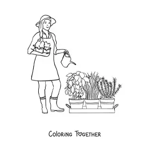 Coloring page of a woman gardener with a hat watering the plants