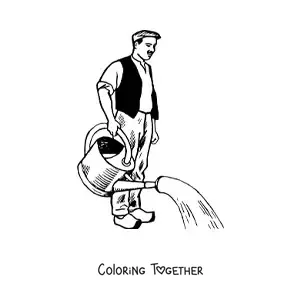Coloring page of a man working as a gardener watering the plants