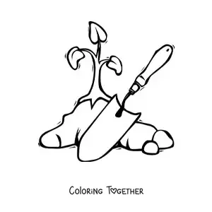 Coloring page of a gardener's shovel next to a plant