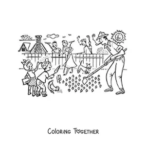 Coloring page of a family with children doing gardening work in the garden