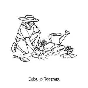 Coloring page of a woman gardener with a hat planting in the garden