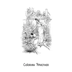 Coloring page of a realistic old-fashioned woman gardener watering the plants