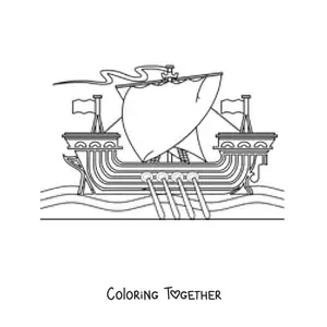 Coloring page of a Viking ship at sea with oars and several sails