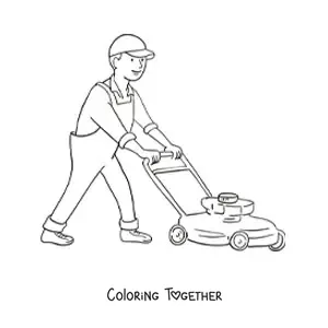 Coloring page of a cartoon gardener mowing the lawn