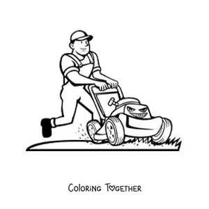 Coloring page of a cartoon of a gardener mowing the lawn