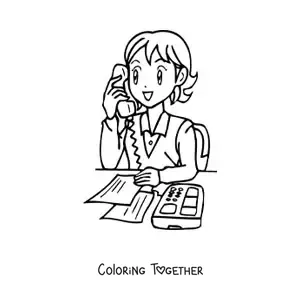 Coloring page of a cartoon secretary talking on the phone