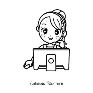 Coloring page of a kawaii secretary talking on the phone in front of the computer