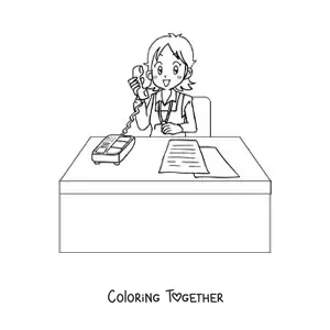 Coloring page of a cartoon secretary talking on the phone in her office