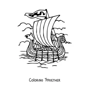 Coloring page of a Viking ship at sea with oars and a bow shaped like an animal head