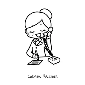 Coloring page of a cartoon of a secretary talking on the phone in her office