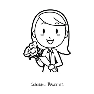 Coloring page of a cartoon secretary with a bouquet of flowers on Secretary's Day