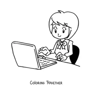 Coloring page of a cartoon secretary typing on the computer