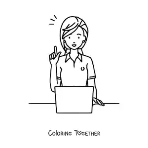 Coloring page of an easy cartoon secretary working with a computer
