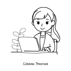Coloring page of an easy cartoon secretary working on a laptop in the office