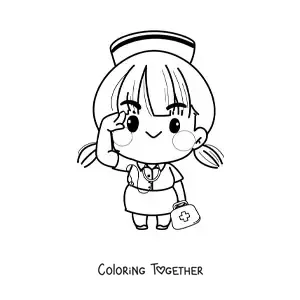 Coloring page of an easy kawaii cartoon nurse