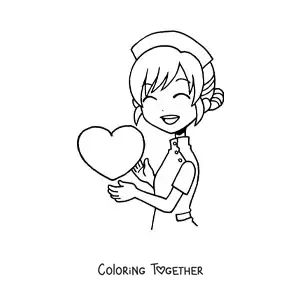 Coloring page of a kawaii cartoon nurse with a heart