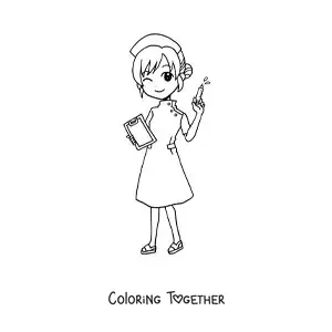 Coloring page of a kawaii cartoon nurse with a syringe