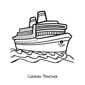 Coloring page of a cruise ship at sea with an anchor