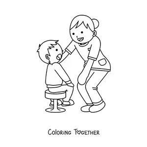 Coloring page of a cartoon nurse caring for a child