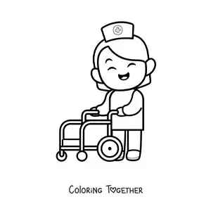 Coloring page of a cartoon nurse with a wheelchair
