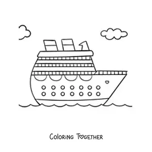 Coloring page of a cruise ship at sea with clouds in the background