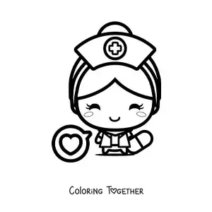 Coloring page of a kawaii nurse with a heart
