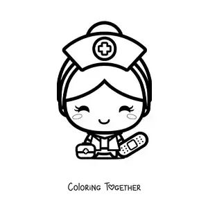 Coloring page of a kawaii nurse with a bandage
