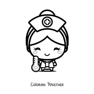 Coloring page of a kawaii nurse with a thermometer