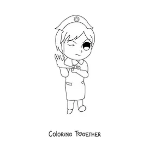 Coloring page of a cartoon nurse with a glove