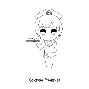 Coloring page of a cartoon nurse with a tray