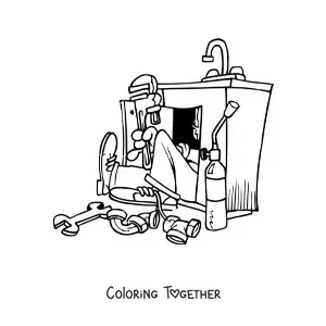 Coloring page of a cartoon plumber at work