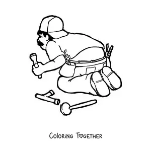Coloring page of a cartoon of a funny plumber at work