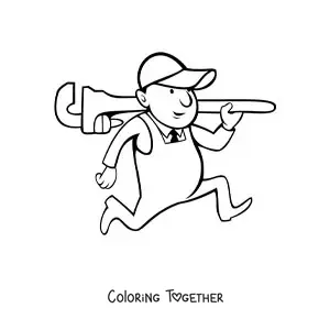Coloring page of a cartoon plumber with a wrench