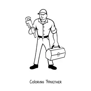 Coloring page of a cartoon plumber with a wrench and a toolbox