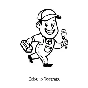 Coloring page of a kawaii cartoon plumber with his tools