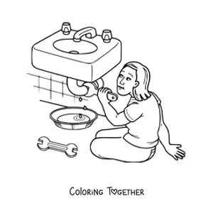 Coloring page of a woman plumber repairing a bathroom pipe