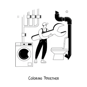 Coloring page of a plumber with a wrench and pipes