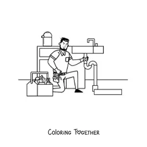Coloring page of a cartoon plumber working on a sink