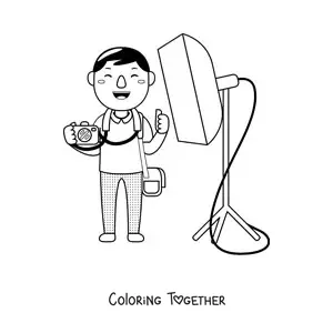 Coloring page of a cartoon professional photographer