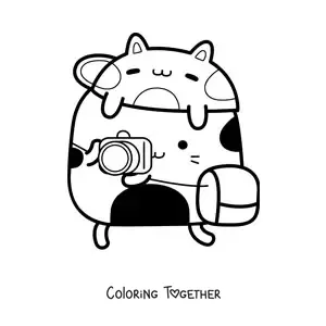 Coloring page of a kawaii cartoon photographer cat