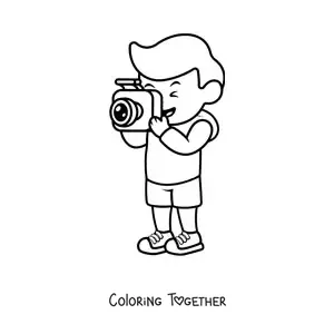 Coloring page of a cartoon photographer boy