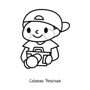 Coloring page of a kawaii cartoon photographer boy