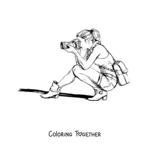 Coloring page of a realistic photographer girl