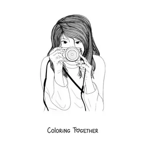 Coloring page of a realistic girl taking a photograph