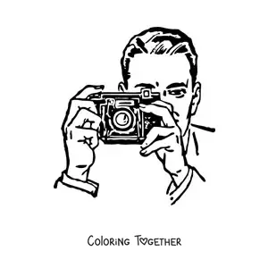 Coloring page of a man taking a photo with a camera