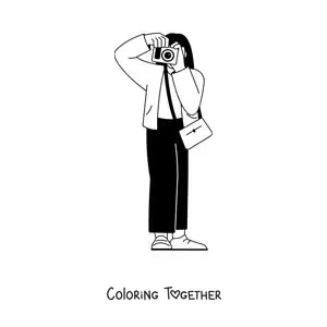 Coloring page of a girl taking a photo with a camera