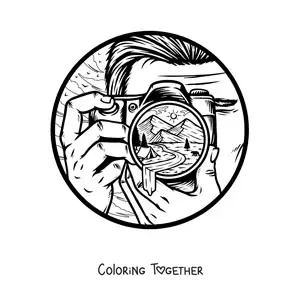 Coloring page of a man taking a photo of a landscape with a camera