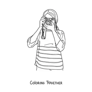 Coloring page of a woman photographer with a camera
