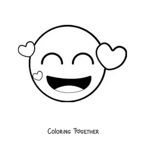 Coloring page of a happy emoji with hearts