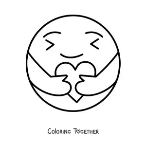 Coloring page of a cute hugging emoji with a heart